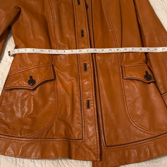 Vintage 1970s Tan 100% Genuine Leather Jacket Trench Coat Mod Style XS-S - Picture 16 of 16